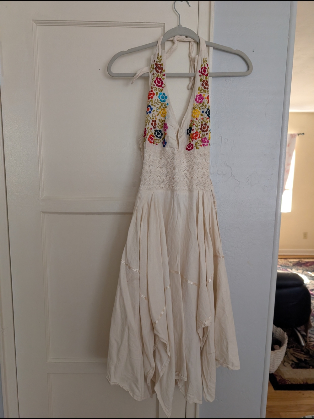 Mexican Cream Halter Dress with Colorful Floral Embroidery